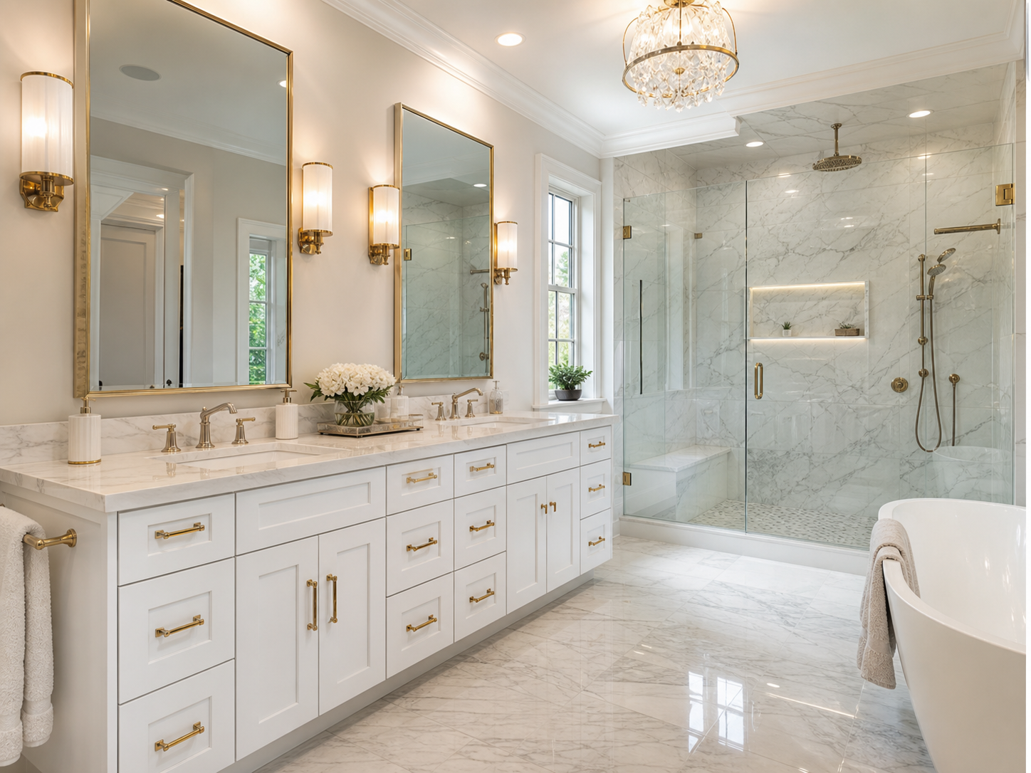 Luxury bathroom with double vanity and glass shower
