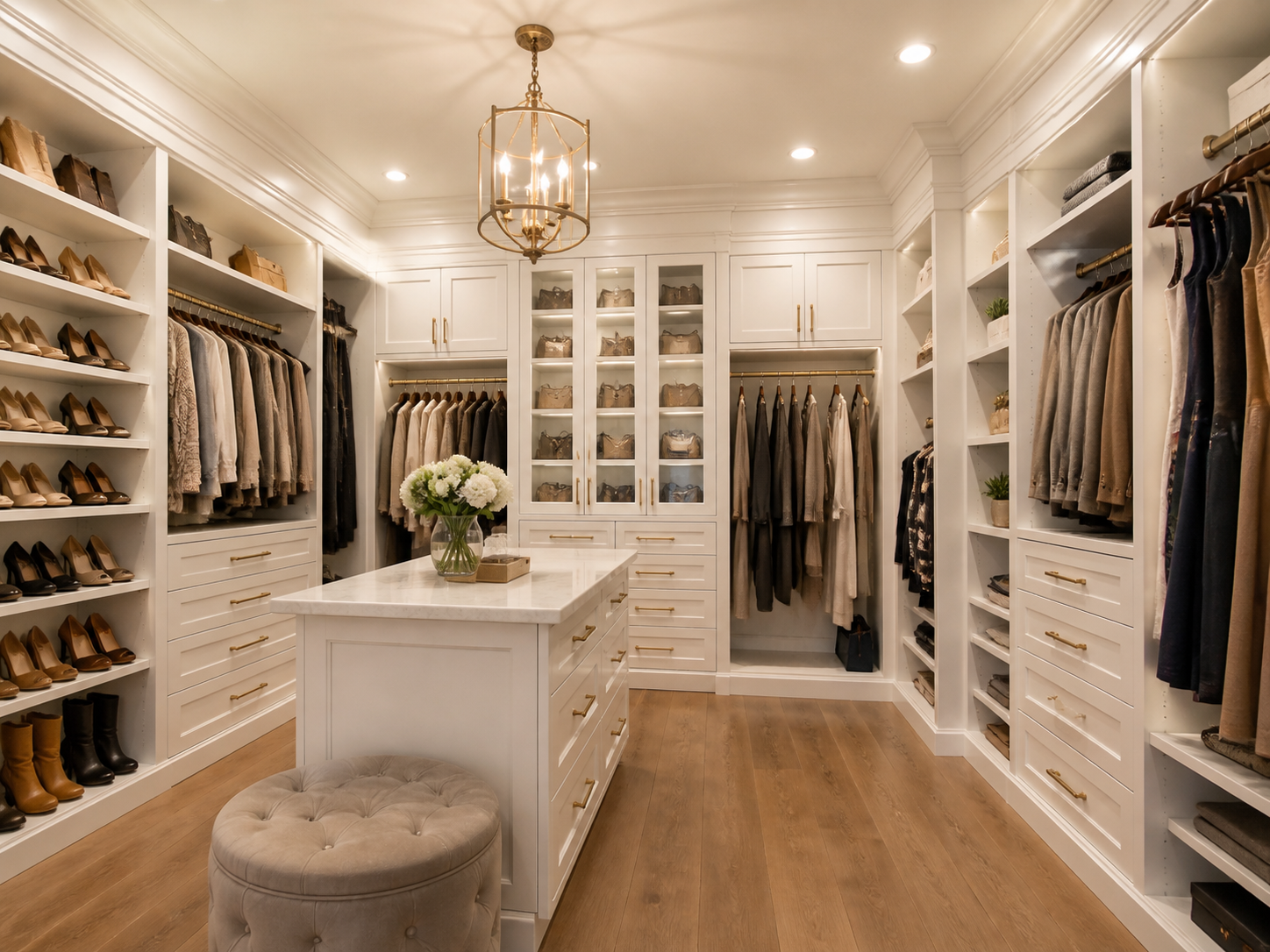 Custom walk-in closet with white built-ins